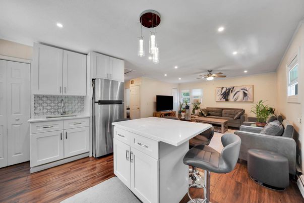 Interior, Kitchen, Living room, Pendant Lights, Recessed Lighting, Stainless Steel Appliances, Wood Texture Flooring