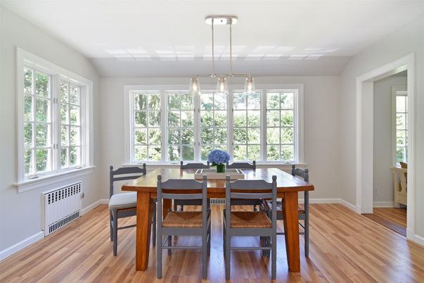Dining room, Interior, Pendant Lights, Wood Texture Flooring