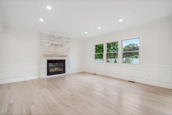 Empty room, Fireplace, Interior, Recessed Lighting, Wood Texture Flooring