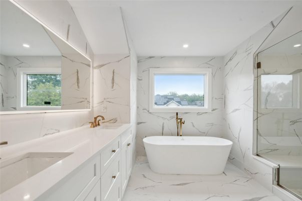Bathroom, Dual Sink Vanities, Free Standing Baths, Interior, Marble, Marble Walls, Recessed Lighting