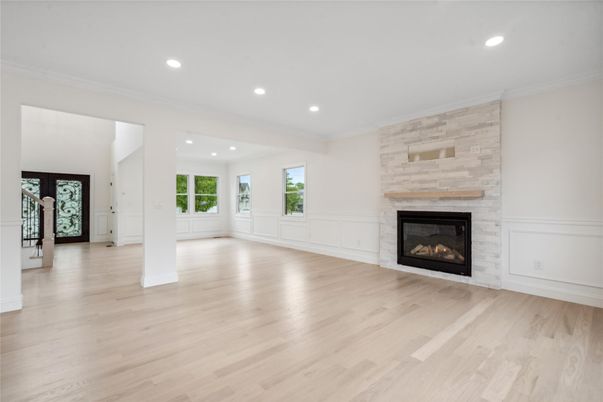 Empty room, Fireplace, Interior, Recessed Lighting, Wood Texture Flooring