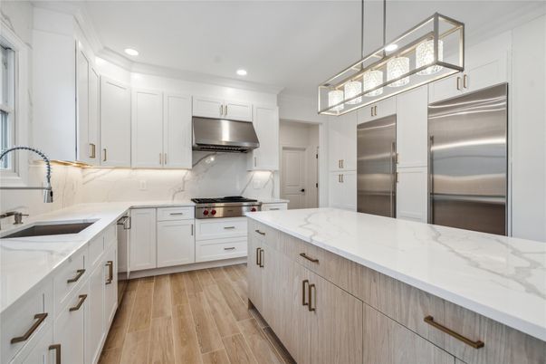 Interior, Kitchen, Pendant Lights, Recessed Lighting, Stainless Steel Appliances, Wood Texture Flooring