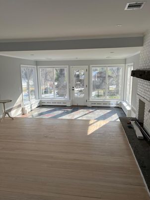 Empty room, Fireplace, Interior, Recessed Lighting, Wood Texture Flooring
