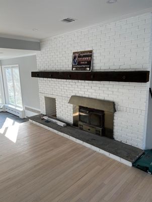 Fireplace, Interior, Recessed Lighting, Stone Walls, Wood Texture Flooring