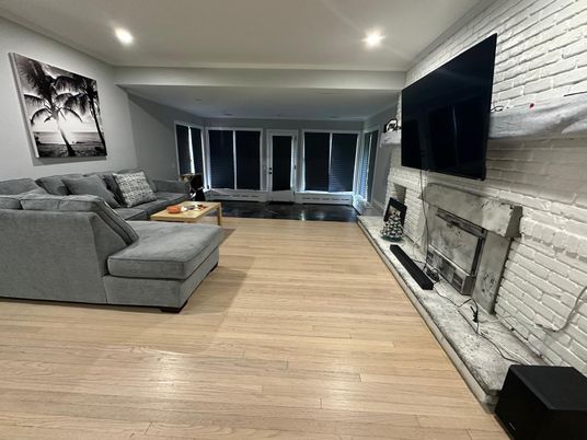 Fireplace, Interior, Living room, Recessed Lighting, Wood Texture Flooring