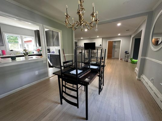 Chandelier, Dining room, Interior, Kitchen, Recessed Lighting, Wood Texture Flooring