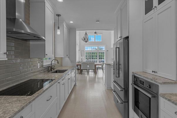 Dining room, Interior, Kitchen, Pendant Lights, Recessed Lighting, Wood Texture Flooring