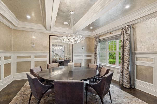 Dining room, Interior, Pendant Lights, Recessed Lighting, Wood Texture Flooring