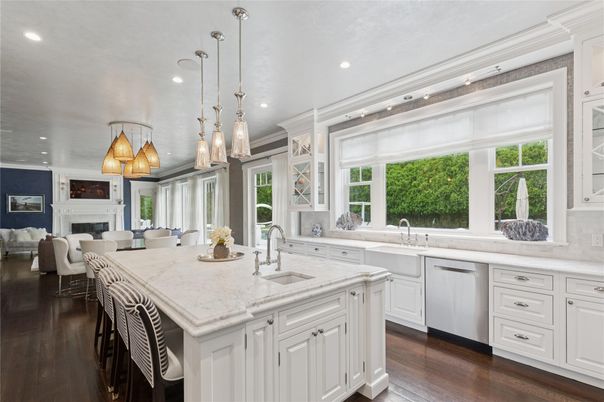Dining room, Fireplace, Interior, Kitchen, Pendant Lights, Recessed Lighting, Wood Texture Flooring