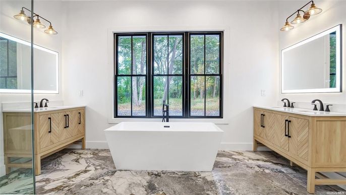 Bathroom, Dual Sink Vanities, Free Standing Baths, Interior, Marble