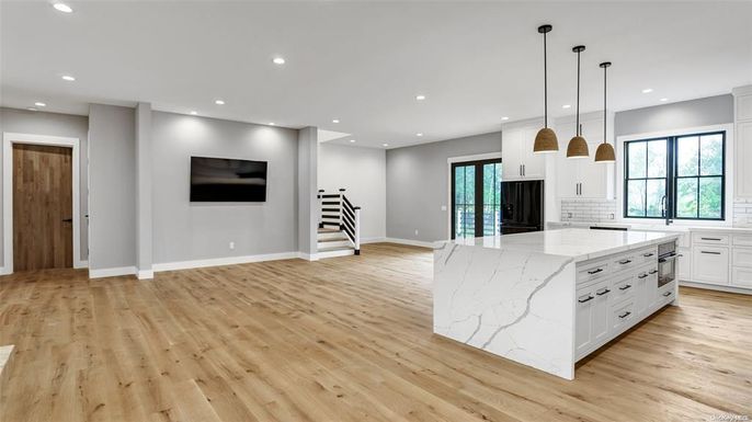 Interior, Kitchen, Pendant Lights, Recessed Lighting, Wood Texture Flooring