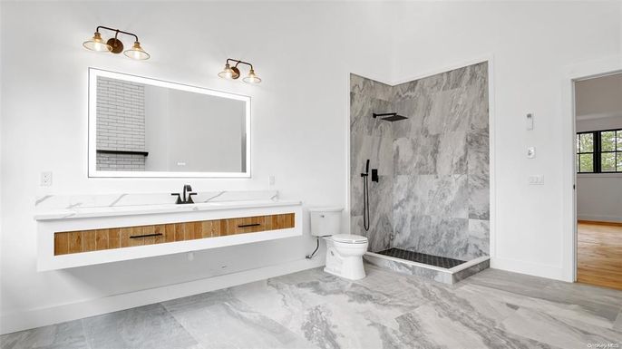 Bathroom, Dual Sink Vanities, Glass Shower, Interior, Marble, Marble Walls