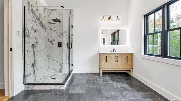Bathroom, Glass Shower, Interior, Marble Walls
