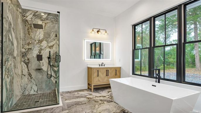 Bathroom, Free Standing Baths, Glass Shower, Interior, Marble, Marble Walls