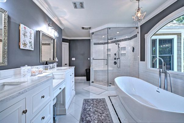 Bathroom, Chandelier, Dual Sink Vanities, Glass Shower, Interior
