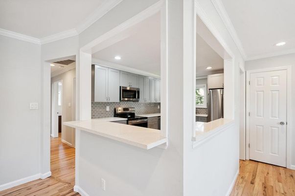Interior, Kitchen, Recessed Lighting, Stainless Steel Appliances, Wood Texture Flooring