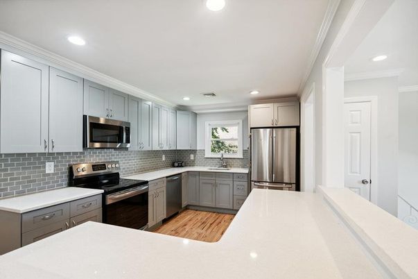 Interior, Kitchen, Recessed Lighting, Stainless Steel Appliances, Wood Texture Flooring