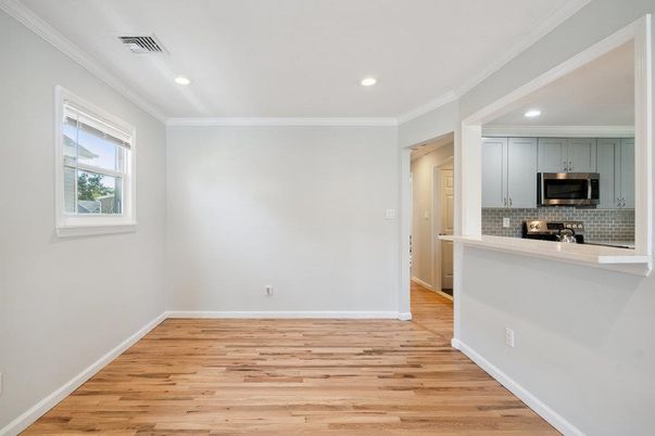 Empty room, Interior, Kitchen, Recessed Lighting, Wood Texture Flooring