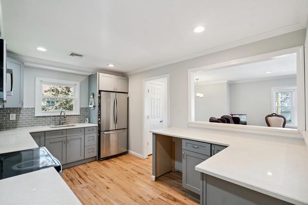 Interior, Kitchen, Recessed Lighting, Wood Texture Flooring