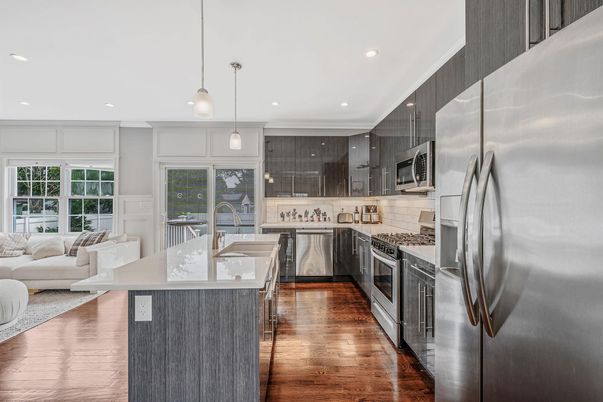 Interior, Kitchen, Living room, Pendant Lights, Recessed Lighting, Stainless Steel Appliances, Wood Texture Flooring