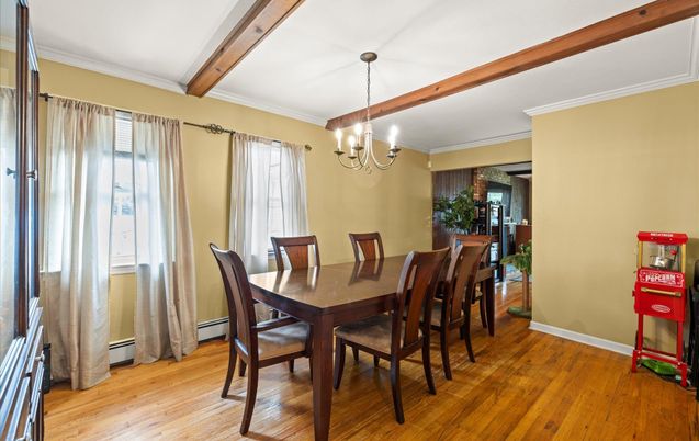 Chandelier, Dining room, Interior, Wooden Beams, Wood Texture Flooring