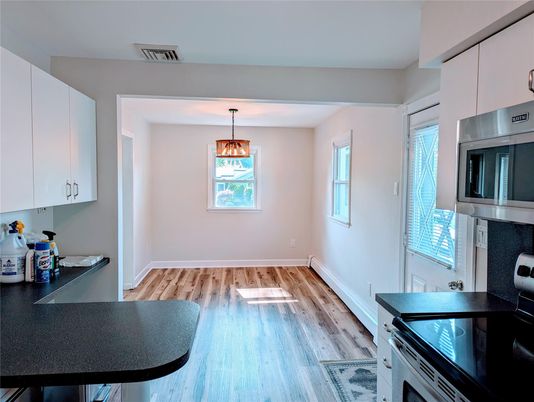 Interior, Kitchen, Pendant Lights, Stainless Steel Appliances, Wood Texture Flooring