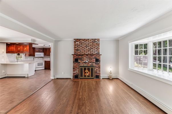 Fireplace, Interior, Kitchen, Stone Walls, Wood Texture Flooring