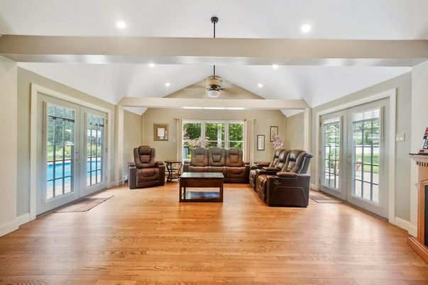 Fireplace, Interior, Living room, Recessed Lighting, Wood Texture Flooring