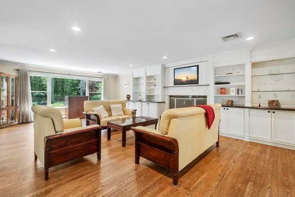 Fireplace, Interior, Living room, Recessed Lighting, Wood Texture Flooring