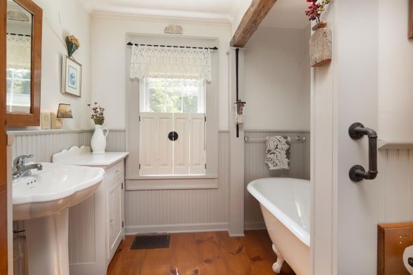 Bathroom, Free Standing Baths, Interior, Wooden Beams, Wood Texture Flooring