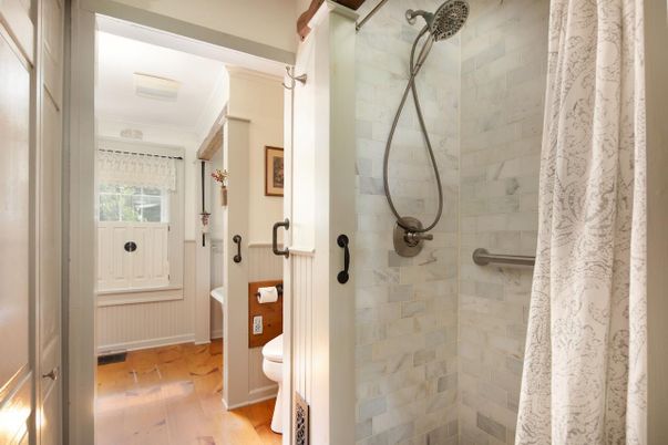 Bathroom, Glass Shower, Interior, Wood Texture Flooring