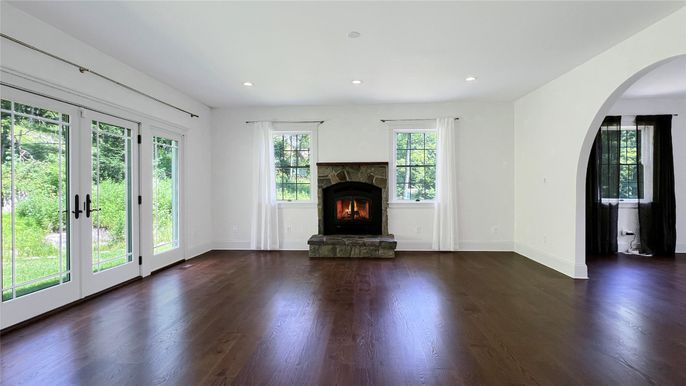 Empty room, Fireplace, Interior, Recessed Lighting, Wood Texture Flooring
