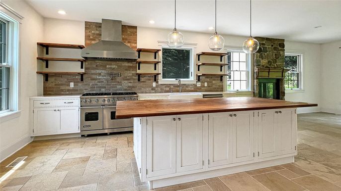 Interior, Kitchen, Pendant Lights, Recessed Lighting, Stainless Steel Appliances, Stone Walls