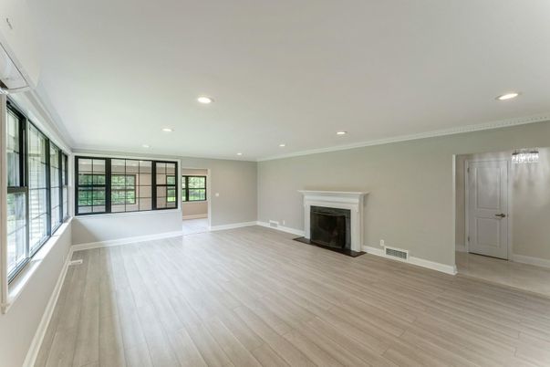 Empty room, Fireplace, Interior, Recessed Lighting, Wood Texture Flooring