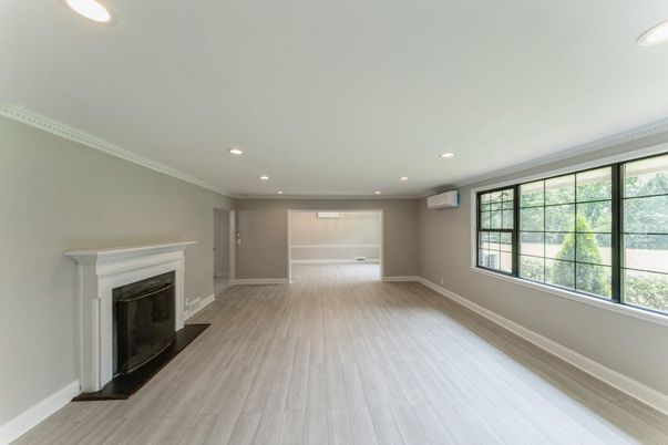 Empty room, Fireplace, Interior, Recessed Lighting, Wood Texture Flooring