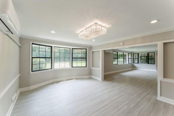 Chandelier, Empty room, Interior, Recessed Lighting, Wood Texture Flooring