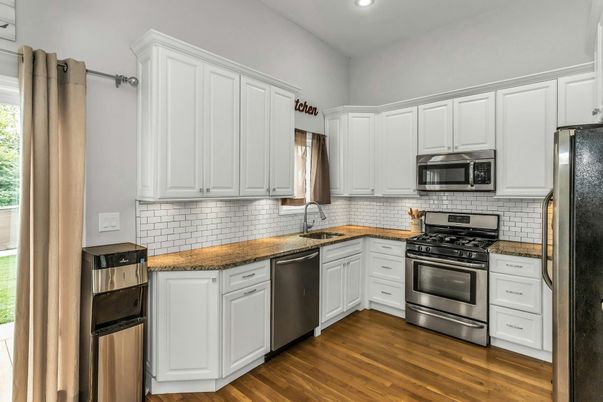 Interior, Kitchen, Recessed Lighting, Stainless Steel Appliances, Wood Texture Flooring