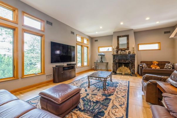 Fireplace, Interior, Living room, Recessed Lighting, Wood Texture Flooring