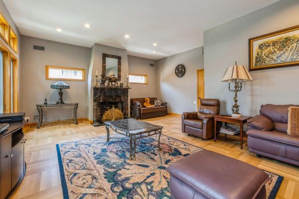 Fireplace, Interior, Living room, Recessed Lighting, Wood Texture Flooring