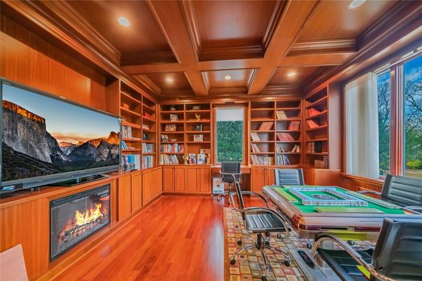 Fireplace, Home Office, Interior, Recessed Lighting, Wooden Beams, Wooden Ceilings, Wood Texture Flooring, Wooden Walls