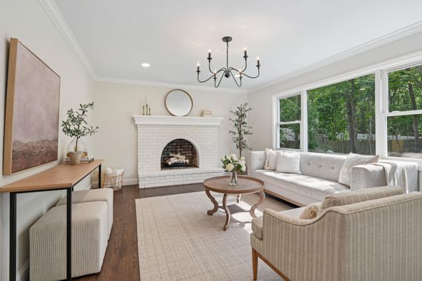 Chandelier, Fireplace, Interior, Living room, Recessed Lighting, Wood Texture Flooring