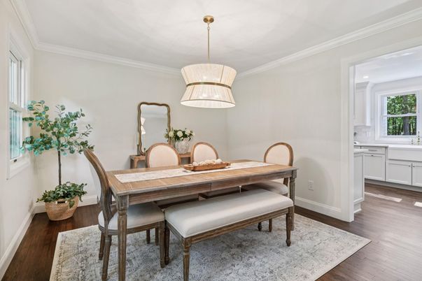 Dining room, Interior, Pendant Lights, Wood Texture Flooring
