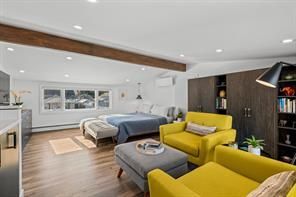 Fireplace, Interior, Living room, Pendant Lights, Recessed Lighting, Wooden Beams, Wood Texture Flooring