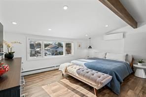 Bedroom, Interior, Pendant Lights, Recessed Lighting, Wooden Beams, Wood Texture Flooring