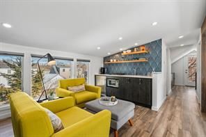 Interior, Living room, Marble Walls, Recessed Lighting, Wood Texture Flooring