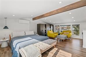 Bedroom, Interior, Pendant Lights, Recessed Lighting, Wooden Beams, Wood Texture Flooring