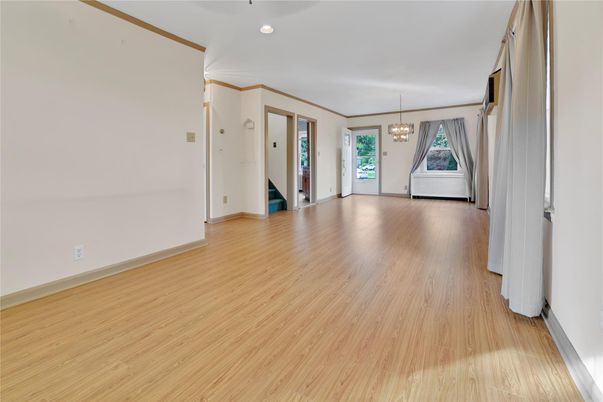 Chandelier, Empty room, Interior, Recessed Lighting, Wood Texture Flooring