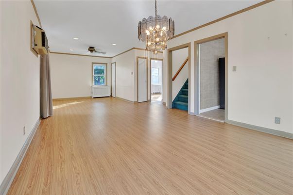 Chandelier, Empty room, Interior, Recessed Lighting, Wood Texture Flooring