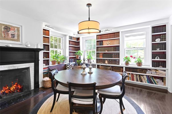 Dining room, Fireplace, Interior, Pendant Lights, Wood Texture Flooring