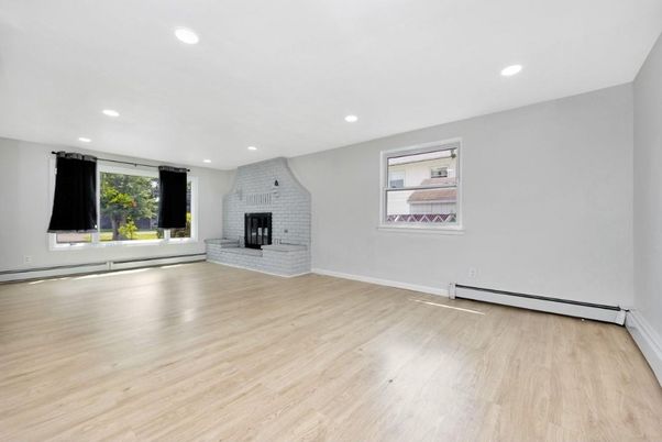 Empty room, Fireplace, Interior, Recessed Lighting, Wood Texture Flooring